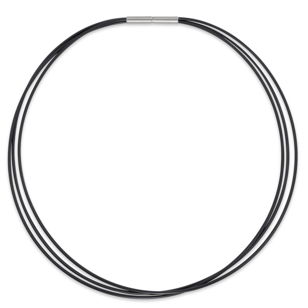 Collier Modernes Damen-Collier aus hochwertigem Edelstahl und flexiblem Kautschuk. Drei feine schwarze Kautschukbänder sorgen für einen sportlich-eleganten Look. Perfekt für jede Gelegenheit und vielseitig kombinierbar. Leicht, robust und hautfreundlich – ein Schmuckstück für jeden Tag. KA16/03-35-50