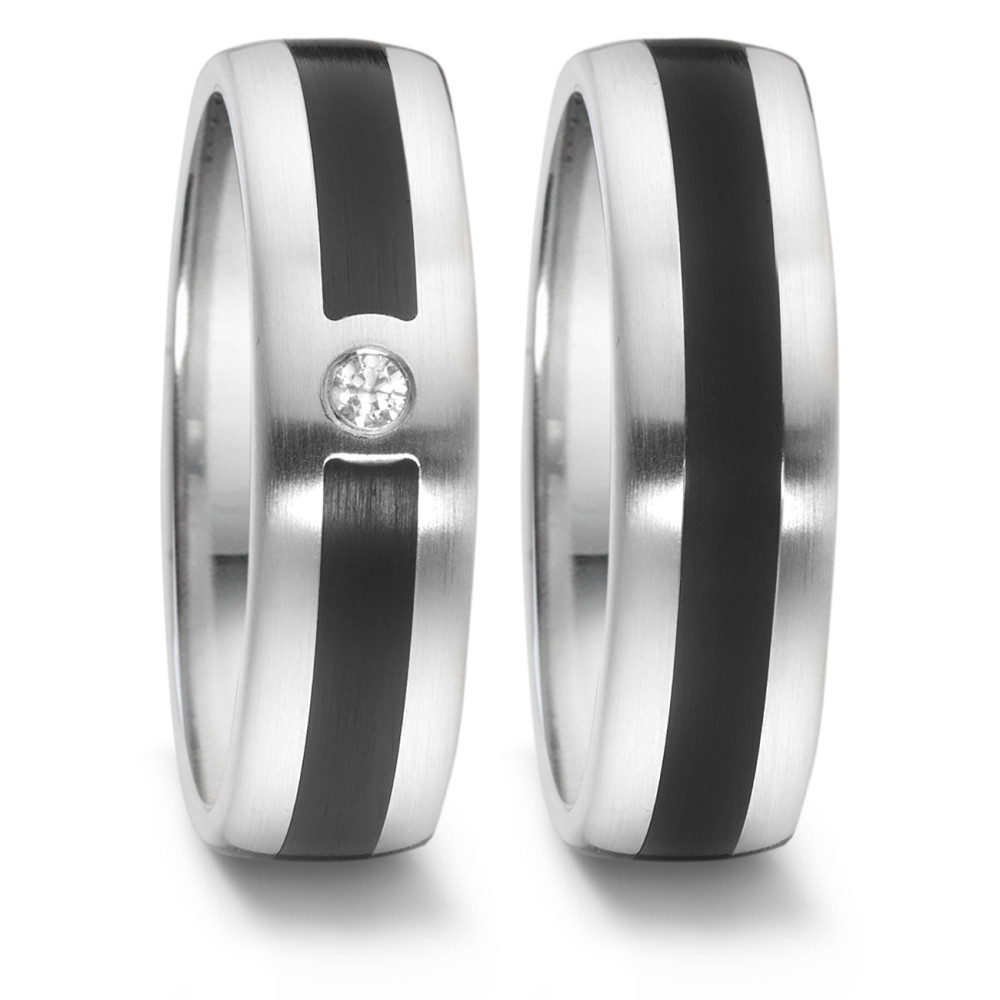 Partnerring Dieser edle Damenring aus Edelstahl verbindet modernes Design mit hochwertiger Handwerkskunst. Die schwarze High-Tech-Keramik-Einlage bildet einen eleganten Kontrast zur fein satinierten Oberfläche. Ein funkelnder Brillant setzt einen luxuriösen Akzent und verleiht dem Ring eine feminine Note. Die Comfort-Fit-Ringschiene, innen gewölbt und hochglanzpoliert, sorgt für höchsten Tragekomfort. Made in Germany, steht dieser Ring für Qualität und zeitlose Eleganz %u2013 perfekt für den Ausdruck einer besonderen Verbindung. 064.2514.D51.XX