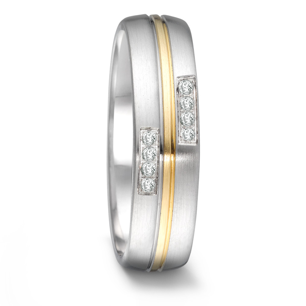 Partnerring Dieser TeNo-Partnerring macht Edelstahl und 18 Karat Gelbgold mit funkelnden Diamanten in markantem Pavé Diamant Design zu einem eleganten Schmuckstück. Er ist ideal, um ein langlebiger Begleiter für Partnerschaft, Verlobung oder den Bund fürs Leben zu sein. Mit 8 gleich grossen Diamanten von insgesamt 0,064 ct. und einer Breite von 6 mm bietet der Paarring nicht nur angenehmen Tragekomfort, sondern verleiht auch jedem Outfit einen luxuriösen, modernen Look. 068.25P01.D50.XX