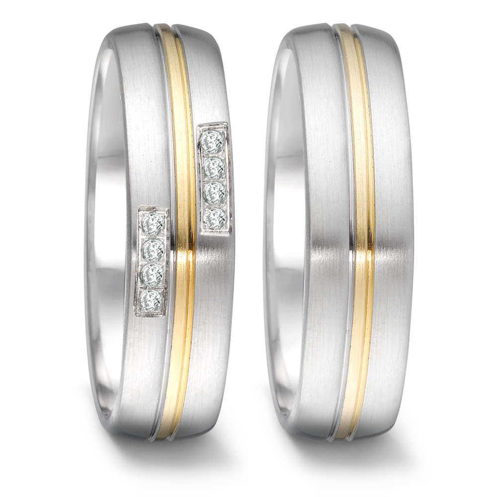 Partnerring Eleganter Damen-Partnerring aus mattiertem Edelstahl mit feiner Einlage aus 750er Gelbgold. Verziert mit je vier funkelnden Diamanten, vereint er zeitlose Eleganz und modernen Stil – perfekt für den besonderen Moment der Verbundenheit. 068.25P01.D50.XX