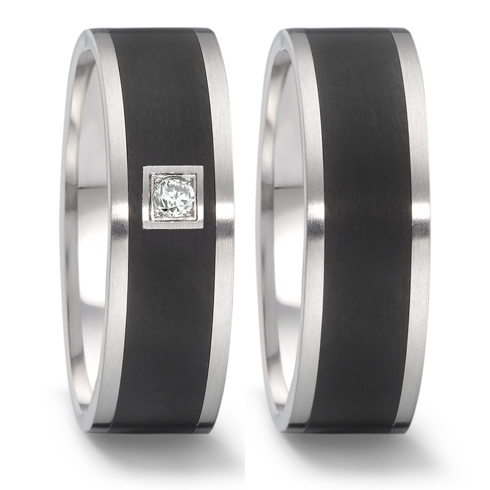 Partnerring Der TeNo Partnerring "TaMoR" Ring aus Edelstahl und Keramik beeindruckt durch eine kontrastreiche Kombination der Materialien. Die fein satinierte Oberfläche verleiht dem Ring eine moderne, matte Eleganz, die durch die dunklen Keramikeinlagen stilvoll betont wird. Der integrierte Brillant sorgt für einen edlen Glanzpunkt, der perfekt in die Ringschiene eingefasst ist. Dank der Comfort fit Ringschiene, die innen gewölbt und hochglanzpoliert ist, bietet der Ring einen besonders angenehmen Tragekomfort. Ein Schmuckstück für alle, die zeitloses Design mit hochwertigen Materialien schätzen. 064.22P01.D40.XX