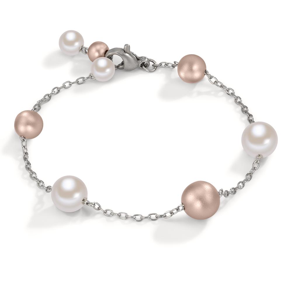 Armband Ein besonders stilvolles Armband von TeNo Design: Es ist aus einer glänzenden Edelstahlkette mit Karabinerverschluss gefertigt und mit roséfarbenen Aluminium-Kugeln sowie schönen weissen Muschelperlen bestückt. Ein lässiges Designschmuckstück, das garantiert alle Blicke auf sich ziehen wird. Zusammen mit der passenden Arya-Halskette ist ein stilvoller Auftritt gesichert. 