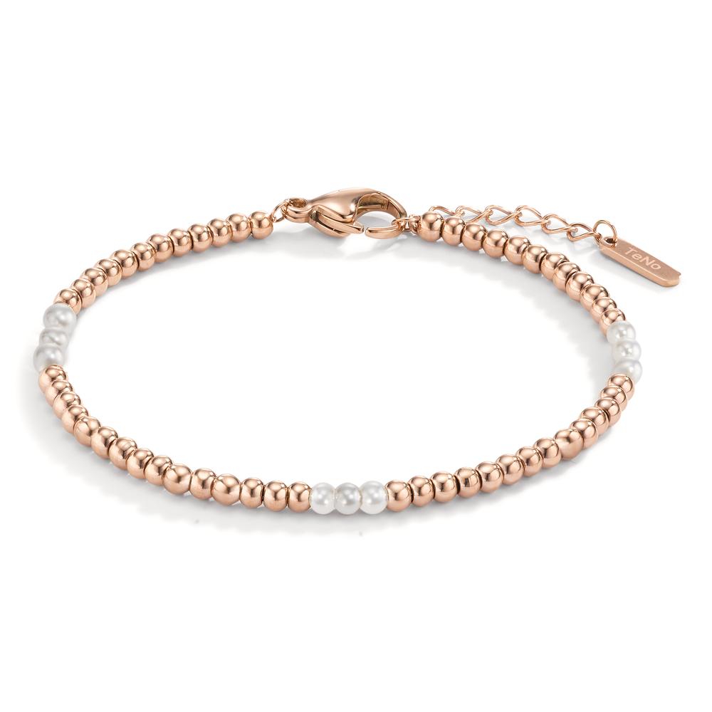 Armband TeNo Kugelarmband Miyako Roségold aus Edelstahl im Mix mit kleinen weissen Muschelperlen. Das handgefertigte Kettenarmband mit glänzenden Edelstahlperlen kann im Layering Style besonders gut mit anderen Armbändern kombiniert werden und ist von 17,5 bis 19,5 cm verstellbar. 