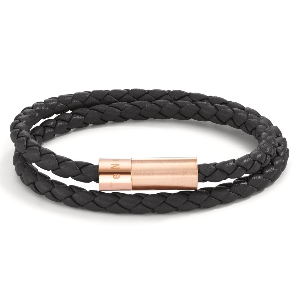 Armband TeNo Wickelarmband Heritage Roségold aus Edelstahl und aus schwarzem Flechtleder, welches doppelt um das Handgelenk getragen wird. Es ist für einen eleganten und stilvollen Auftritt wie geschaffen und überzeugt durch einen hohen Tragekomfort. Mit dem originellen und vor Korrosion geschützten Magnetverschluss wird ein schnelles An- und Ausziehen gewährleistet. Zum Schutz vor Wasser sind starke Magnete unsichtbar im Design der Verschlüsse eingebaut, ohne dass ihnen etwas von ihrer Power genommen wird.  