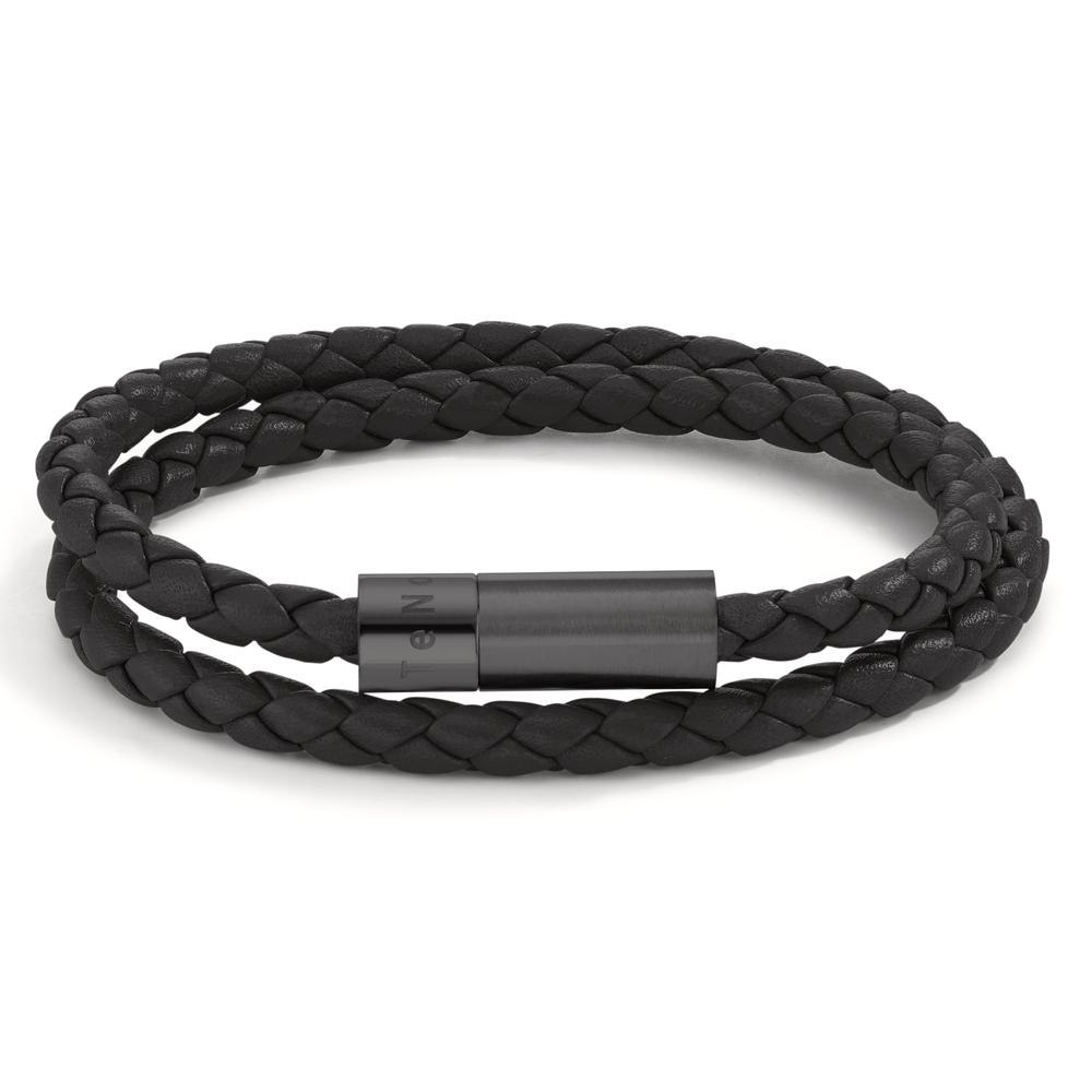 Armband TeNo Wickelarmband Heritage aus schwarzem Edelstahl und schwarzem Flechtleder. Ein Design aus cooler Eleganz und urbaner Lässigkeit. Das doppelt gewickelte Armband wird einfach am zylinderförmigen Design-Magnetverschluss geschlossen. Original TeNo Design Magnetverschlüsse sind durch innenliegende Magnete vor Korrosion geschützt, ohne ihnen etwas von ihrer Power zu nehmen. 