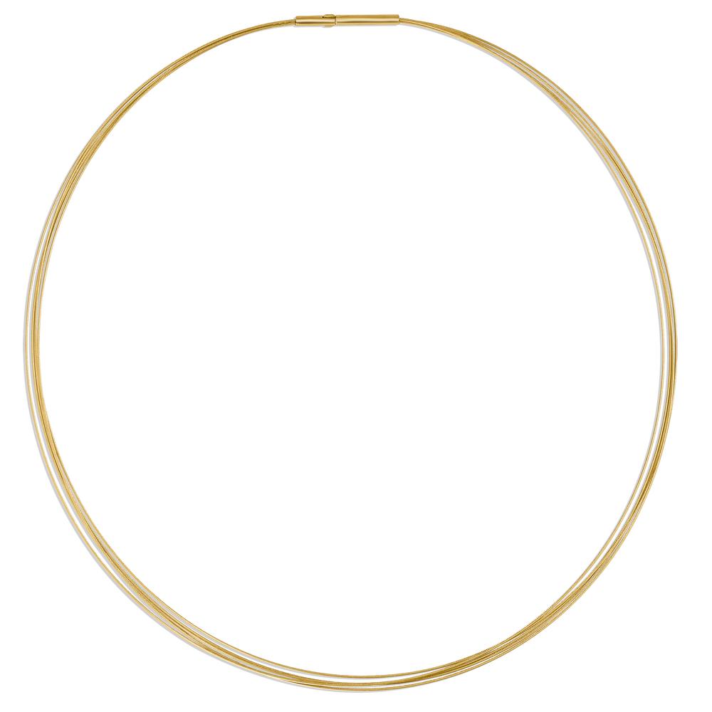 Collier Stilvoll, elegant und vielseitig: Der mehrreihige TeNo-Halsreif aus Edelstahl in der Farbe Gelbgold legt sich geschmeidig um den Hals. Sowohl klassische als auch moderne Schmuckanhänger werden daran zum traumhaften Eyecatcher. Der sichere und sehr einfach zu bedienende Clipverschuss ist auch optimal auch für Anhänger mit kleinen Ösen oder Durchgangsbohrungen geeignet. 