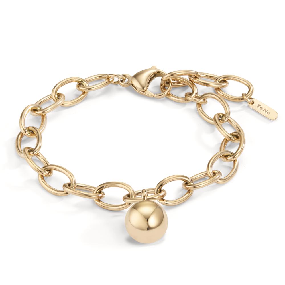 Armband Das goldene ESTELLE Armband mit ovalen Gliedern aus recyceltem Edelstahl setzt ein elegantes Statement, das zeitlos, klassisch und nachhaltig ist. Der glänzende Kugelanhänger sorgt mühelos für einen stilvollen und lässigen Akzent. Gefertigt aus recyceltem und antiallergenen Edelstahl, verleiht dieses hübsche Gliederarmband jedem Outfit einen exklusiven Touch. 