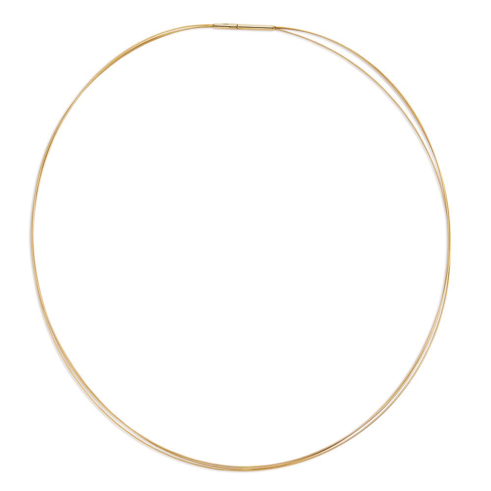 Collier Stilvoll, elegant und vielseitig: Der dreireihige 50 cm lange TeNo-Halsreif aus Edelstahl mit einer Beschichtung in der Farbe "Gold" legt sich geschmeidig um den Hals. Sowohl klassische als auch moderne Schmuckanhänger werden daran zum traumhaften Eyecatcher. Der sichere und sehr einfach zu bedienende Clipverschuss hat einen Durchmesser von nur 2.0 mm - optimal auch für Anhänger mit kleinen Ösen oder Durchgangsbohrungen. 