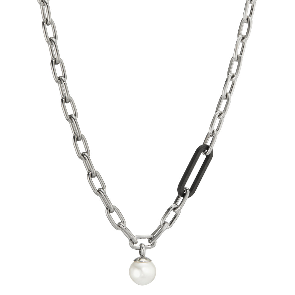 Collier Die stylishe Soho-Pearl-Drop-Halskette aus langlebigem, recyceltem Edelstahl ist mehr als ein Must-Have-Schmuckstück für eine Saison! Einzeln getragen wirkt sie besonders elegant und sieht im Layering lässig cool aus, da sich der Chunky-Materialmix aus Carbon, weisser Perle und silberfarbenem Edelstahl perfekt mit feineren Ketten kombinieren lässt. Mit dem dazu passenden Armband wird jedes Styling zum gelungenen Match und unterstreicht Ihre Outfits auf stilvolle Weise. 