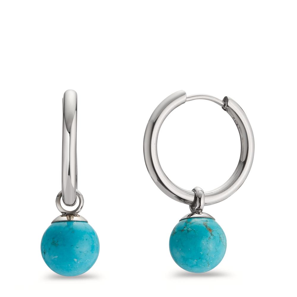 Creolen mit Einhänger Dieses Creolen-Set mit azurblauen Türkisperlen ist nicht nur erfrischend und cool, sondern auch äusserst lässig und modern. Die hochwertigen Materialien und das frische Farbspiel verleihen Vielseitigkeit und Eleganz. Die TeNo-Creolen sind leicht und angenehm zu tragen und haben einen sicheren Klickverschluss. Wer es mal schlichter mag, kann die Einhänger abnehmen und so einen eleganten Style kreieren. 