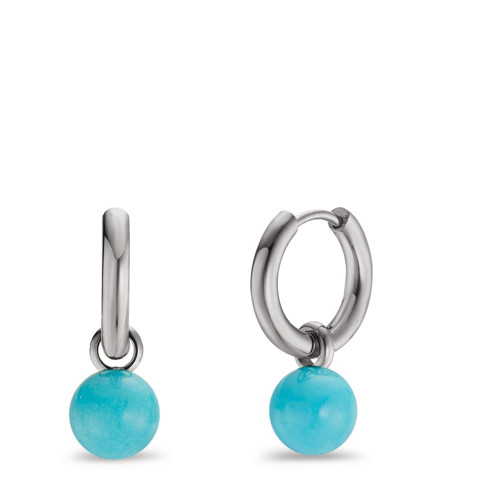 Creolen mit Einhänger Dieses Creolen-Set mit azurblauen Türkisperlen ist nicht nur erfrischend und cool, sondern auch äusserst lässig und modern. Die hochwertigen Materialien und das frische Farbspiel verleihen Vielseitigkeit und Eleganz. Die TeNo-Creolen sind leicht und angenehm zu tragen und haben einen sicheren Klickverschluss. Wer es mal schlichter mag, kann die Einhänger abnehmen und so einen eleganten Style kreieren. 