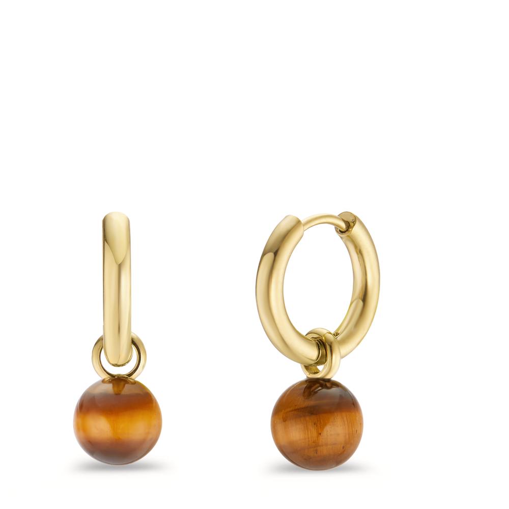 Creolen mit Einhänger Diese Creolen mit hübsch gemasertem Tigerauge überzeugen durch ihre verspielte Eleganz und sind das perfekte Accessoire für ein elegantes Statement. Durch das qualitativ hochwertige IP-Verfahren sind sie in der Farbe Gelbgold beschichtet und somit für jeden Anlass und Look ein stilvolles Basic. Die Vielseitigkeit dieser Ohrringe aus der Muse Kollektion von TeNo Design wird durch die Tatsache unterstrichen, dass sie sogar ohne Einhänger getragen werden können, was noch mehr Trageoptionen bietet. 