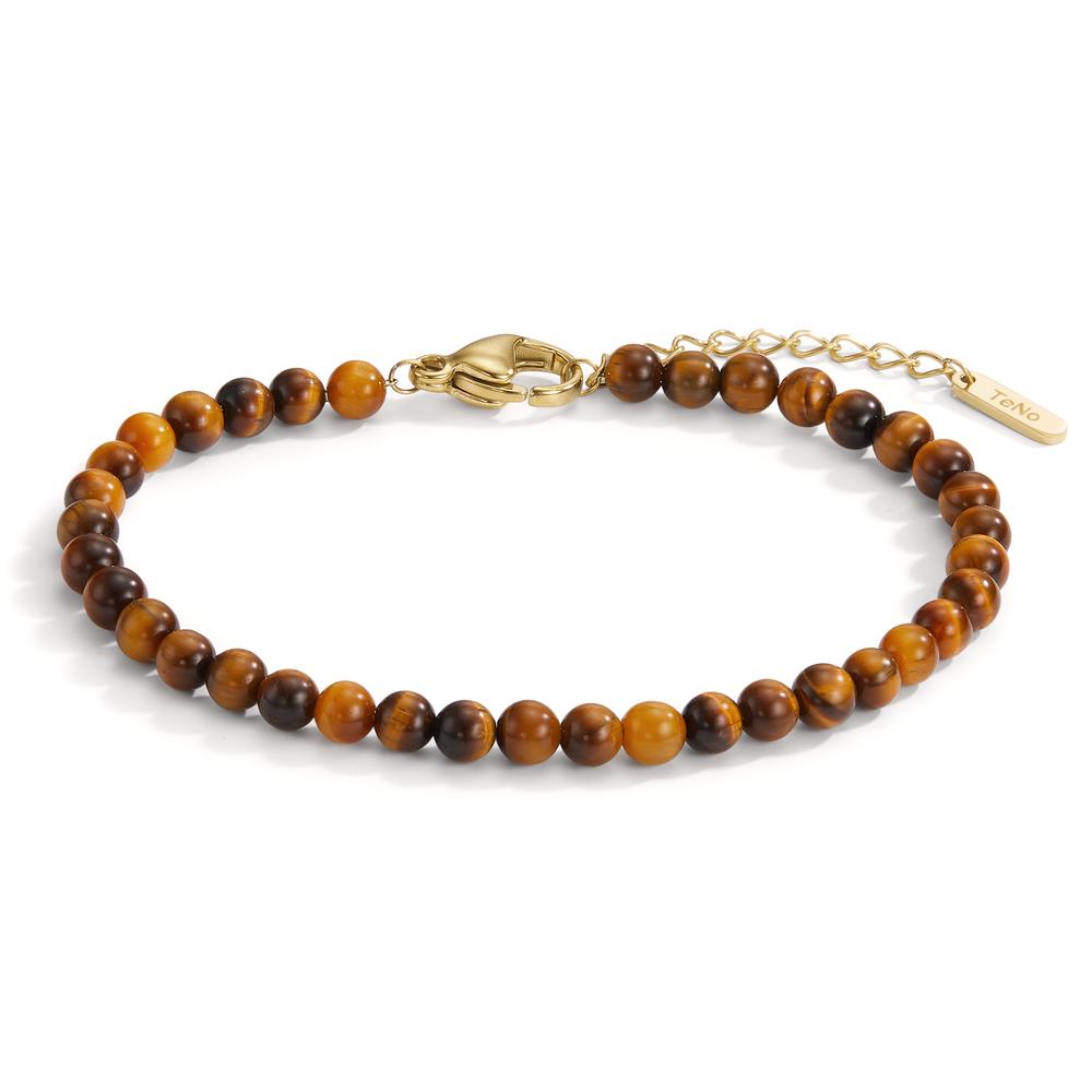 Armband Das TeNo Muse Armband in Gold mit Tigerauge verleiht jedem Look eine edle Note. Der Halbedelstein soll für Konzentration, Denkfähigkeit sowie Optimismus sorgen und macht das Armband zu einem Begleiter im Alltag. Das Armband ist in der Länge verstellbar und bietet dank des Karabinerverschlusses aus recyceltem Edelstahl in der Farbe Gelbgold einen angenehmen Tragekomfort. 
