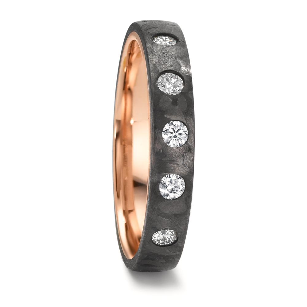 Partnerring Eleganter Damen-Partnerring aus hochwertigem Carbon mit warmem Rotgold-Innenring. Verziert mit fünf funkelnden Diamanten, die diesem Ring eine einzigartige und edle Note verleihen. Perfekt für besondere Momente und symbolische Verbindungen. Zeitlos und modern zugleich. 52727/001/025/N559